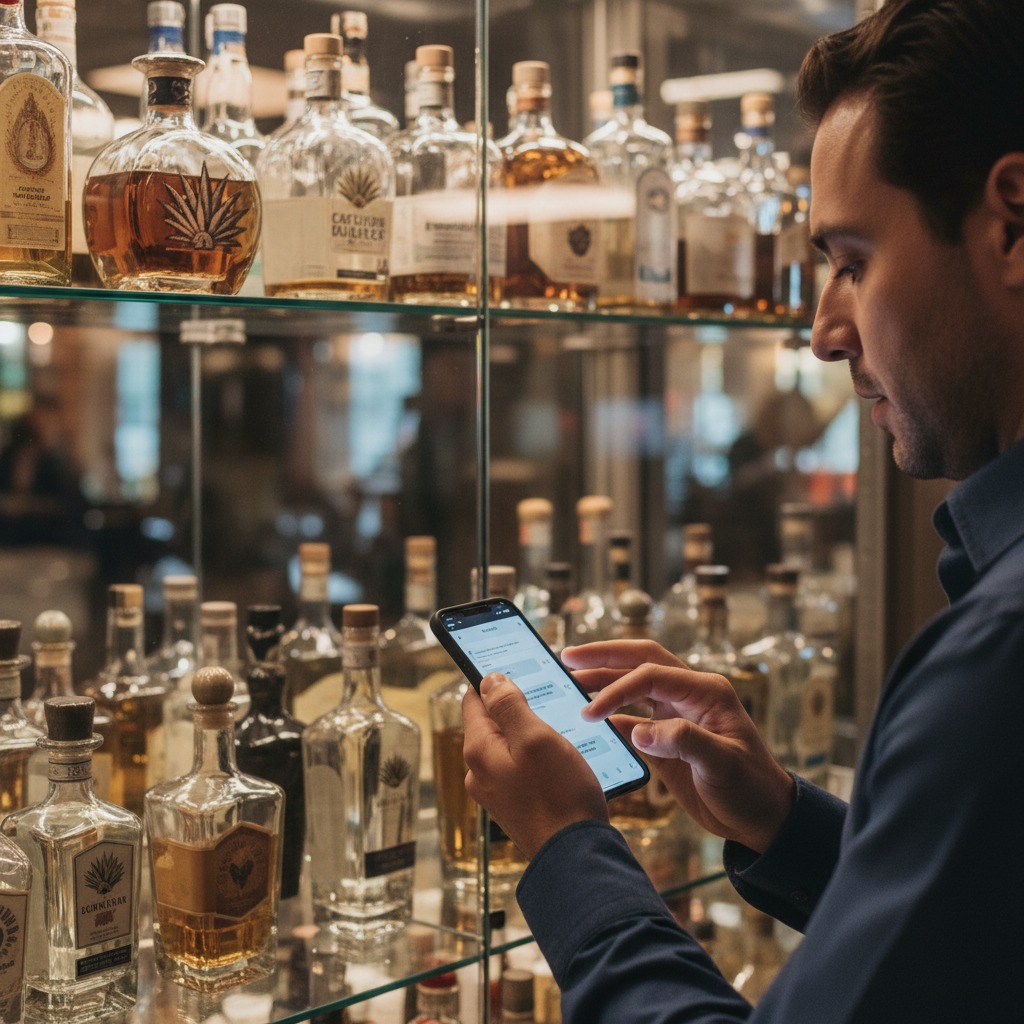 Una persona respondiendo en el celular, de fondo una vitrina de tequilas