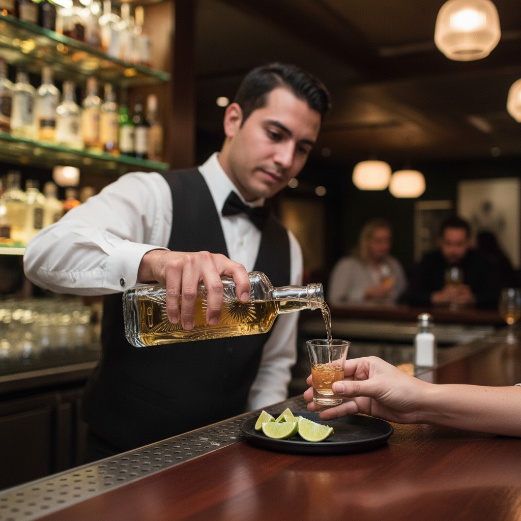 Un mesero sirviendo un tequila